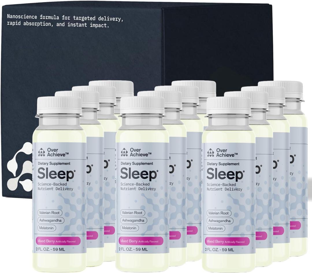 Sleep Drink with Advanced Nanoscience Technology - Contains Melatonin, Ashwagandha and Valerian Root - 12 Pack Liquid Sleeping Aid Help Fall Asleep Faster, Mix Berries 2oz