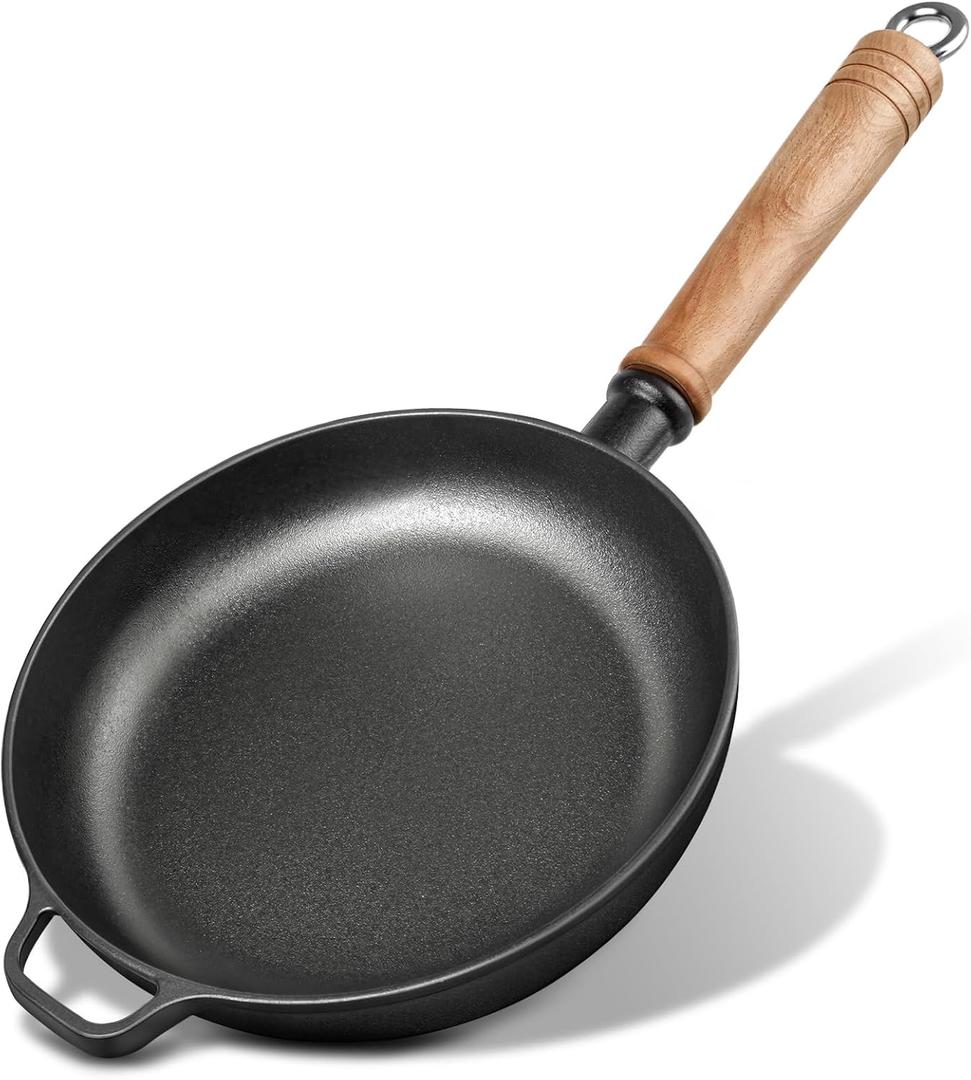 9.7" Cast Iron Skillet with Removable Wooden Handle, Pre-Seasoned Frying Pan for Stove, Oven, Grill & Campfire Cooking
