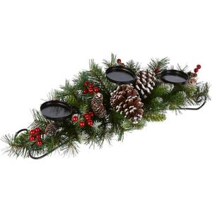National Tree Company 30 in Unlit Frosted Berry Artificial Christmas Centerpiece, Christmas Decoration For 3 Pillar Style Candles, with Red Berries, Pinecones, 58 Tips, Green