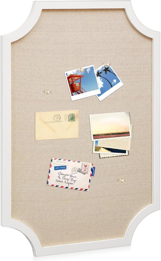Wonderjune Vintage Framed PinBoard Linen Display Bulletin Board Large Cork Fabric Picture Photo Memo Pinboard Fancy Ornate Decorative Vision Board for Wall(Scalloped,24'' X 36",Bright White)