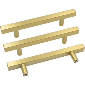 goldenwarm 10 Pack Brushed Brass Cabinet Pulls Gold Cabinet Hardware Handle Pull - LS1212GD128 Modern T Bar Knobs Dresser Hardware Gold Drawer Handles 5 inch Hole Centers, 7-1/2" Overall Length (5in hole centers)