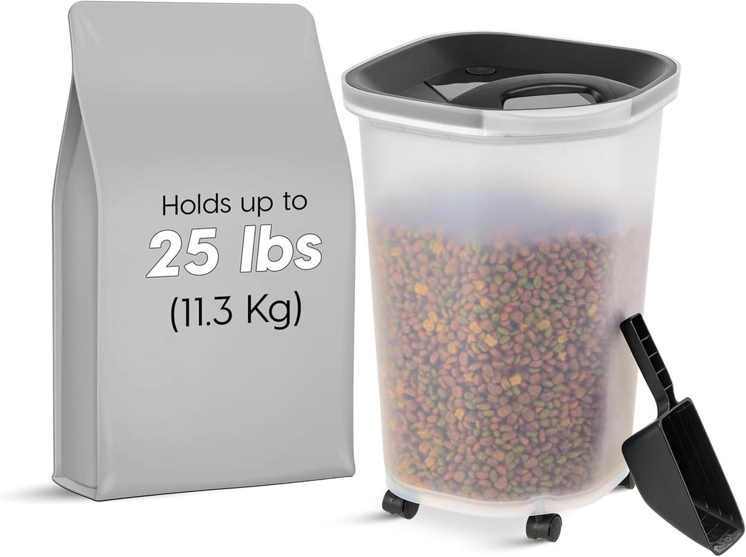 IRIS USA Airtight Dog Food Storage Container, Up to 25 lbs, Premium 60% Improved Airtightness with Seal & Air Valve, 2 Cup Scoop, Removable Wheels, Keep Fresh, Pet Food Bin Holder, Black (Black Lid)