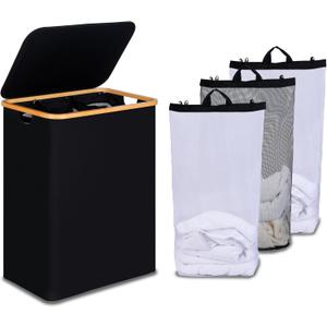 efluky Laundry Hamper with Lid, Trio Laundry Hamper with 3 Removable Bags, 3 Section Laundry Basket with Bamboo Handles for Bathroom, Bedroom & Laundry Room, 160L Black