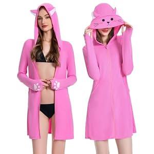 OLAOLA Women's UPF 50+ Swim Cover Up Sun Protection Pink Cat Hoodie Long Jacket Swimsuit Cover Lightweight Quick Dry Beach Dress, Medium