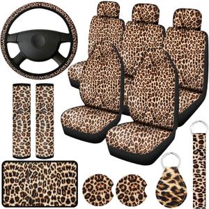 Frienda 13 Pieces Leopard Print Car Seat Covers Full Set, Leopard Accessories Set, Covers Steering Wheel Cover, Seat Pads Armrest Pad Cover Seat Belt Pads and Keychain Wrist Holder (Brown)