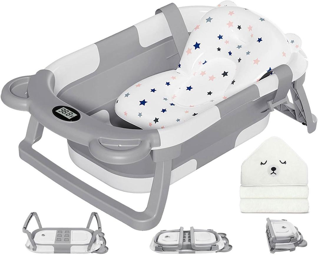 MoreFeel Collapsible Baby Bathtub for Newborn with Thermometer & 1 Hooded Towel & 1 Soft Floating Cushion,Portable Travel Bathtub with Drain Hole, Durable Foldable Baby Tubs for Infants to Toddler (Grey)