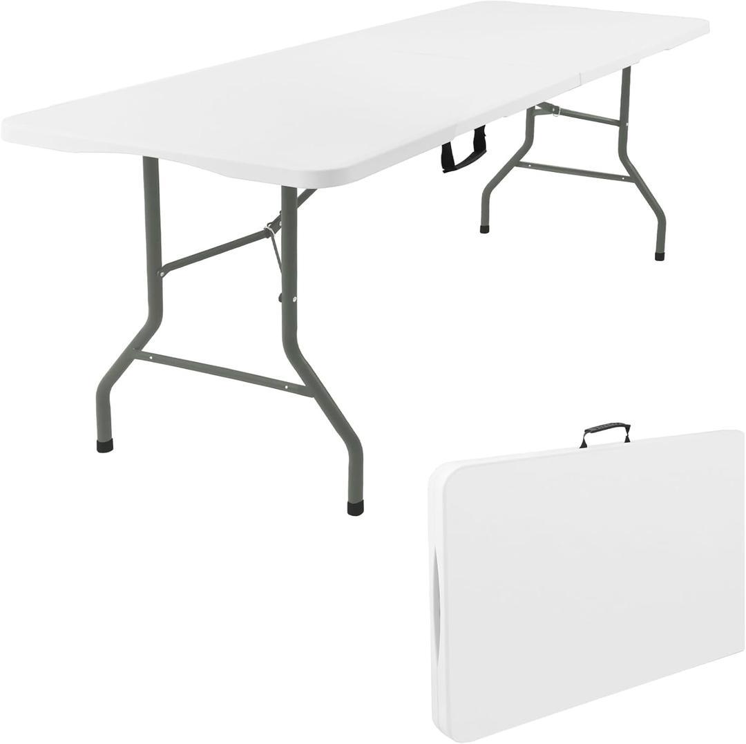 Fivenl 5 Feet Portable Folding Table White, Steel Legs Fold-in-Half with Carrying Handle Rectangular Plastic Foldable Table for Party, Wedding, Camping, Picnic, Dining, Indoor Outdoor Events