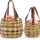 Goaste 2 Sizes Egg Collecting Baskets with Handle, Round Chicken Egg Storage Baskets, Handwoven Wicker Eggs Container for Gathering Fresh Eggs, Vintage Countertop Picnic Basket for Harvest, Kitchen
