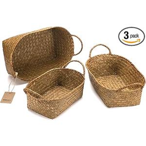 DOKOT Woven Rattan Baskets - Set of 3, Perfect for Kitchen Storage and Organizing Fruits