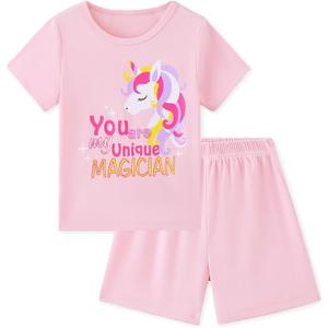 Mikrdoo Girls Pajamas Set 2-Piece Short Sleeve Summer Toddler PJs Sleepwear Sizes 2-7 Years (Pink)