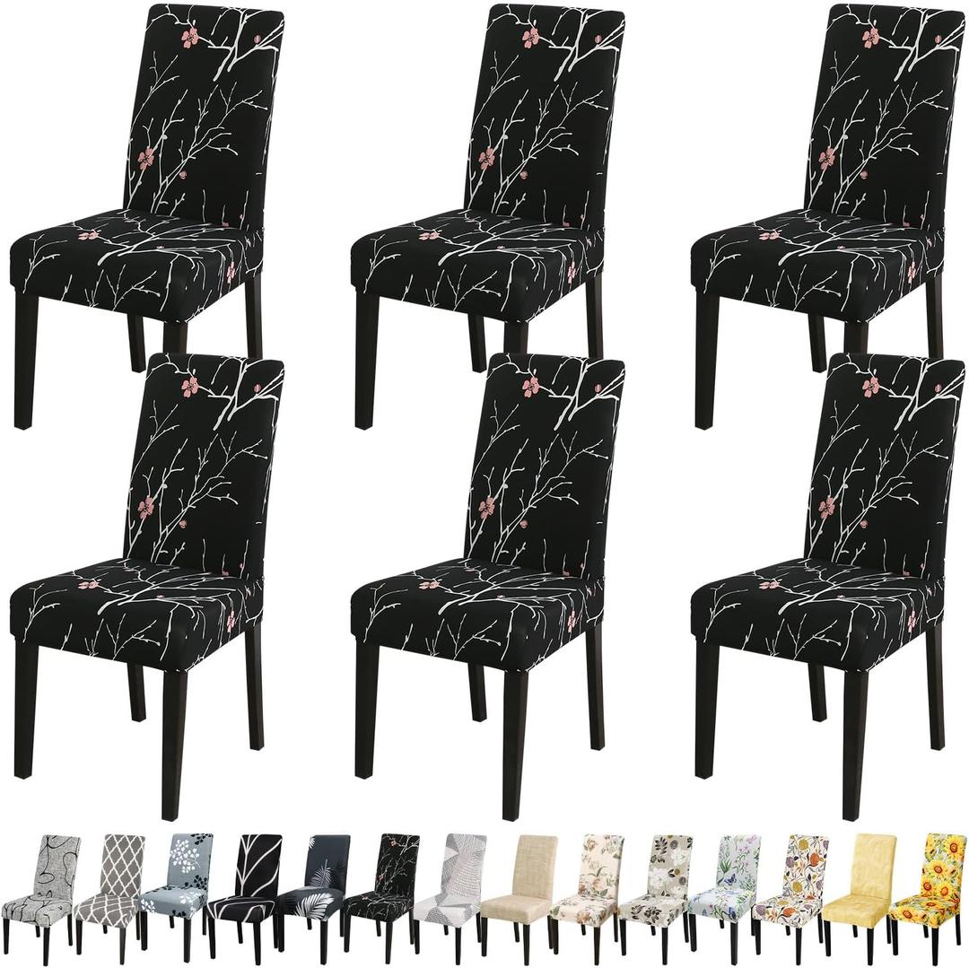 JQinHome Pattern Chair Covers for Dining Room Set of 6, High Stretch Removable Washable Parsons Chair Slipcover for Home Party Hotel Wedding Ceremony (Flourish Black,6PCS) (C009 Flower)