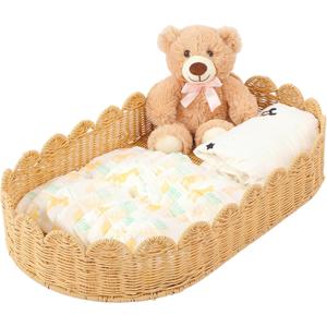 Handmade Scalloped Rattan Baby Changing Basket 30 x 16.5 x 5.1 Inch Changing Table Basket for Baby Dresser Extra High Sides Scallop Diaper Organizer for Nursery Decoration