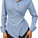 Women's Striped Wrap Long Sleeve Shirt Elegant Collared Button Front Asymmetrical Blouses, M