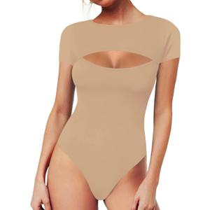 MANGOPOP Womens Short Sleeve Long Sleeve Bodysuit Sexy Front Cutout Round Neck Body Suits Going Out Tops (Medium)
