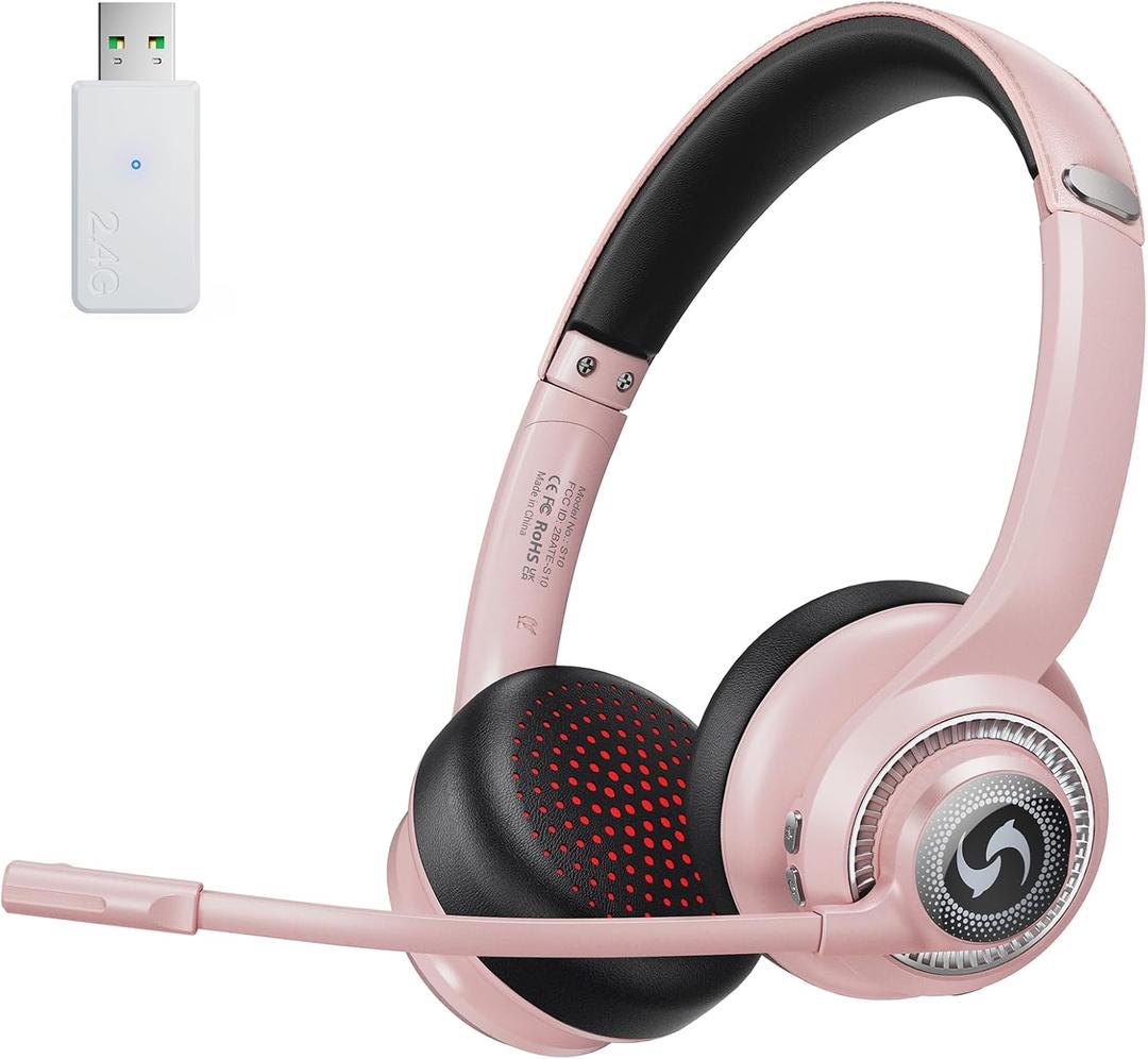 Wireless Headsets with Microphone, Ultra Lightweight& 50+ Playtime, Wireless Headset for Cell Phones, On Ear Bluetooth Headphone Fit for PC/Call Center/Computer/Laptop/Teams - Light Pink