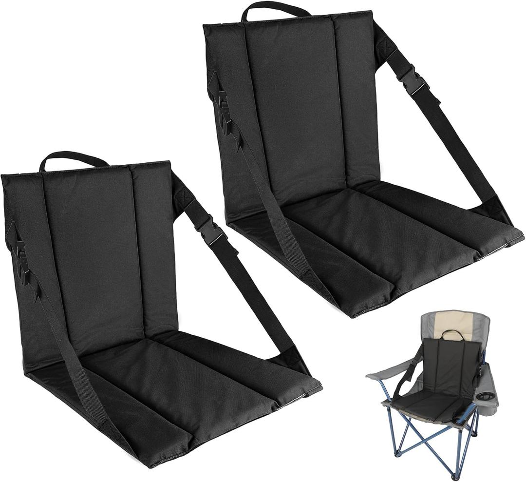 CAMPHILL 2PCS Portable Stadium Seat Cushion for Bleachers,Folding Lightweight Seat with Backrest,Adjustable Straps,Ideal for Camping,Hiking,Sports Events,Outdoor Concerts (Black)