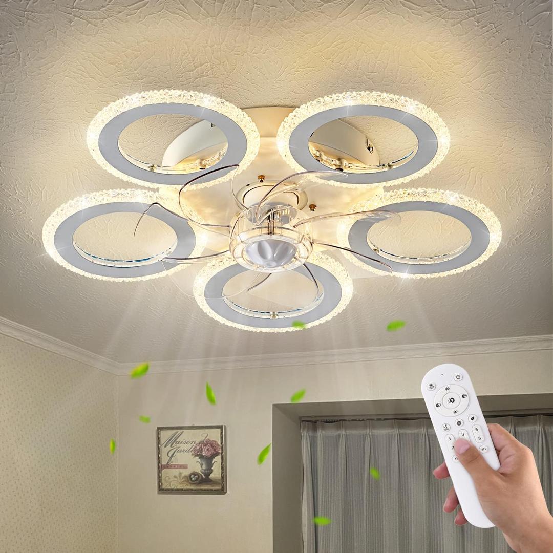 Dalouguan Modern Ceiling Fan with Light, 20" Personality Geometric Ceiling Fan with Lights and Remote, Ceiling Fan for Living Room Bedroom Kitchen (20"-5-Circle-White)