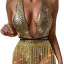 Yunison Halter Metallic Snakeskin Swimsuit Deep V One Piece Bathing Suit with High Leg Set for Women Rave Outfit Large