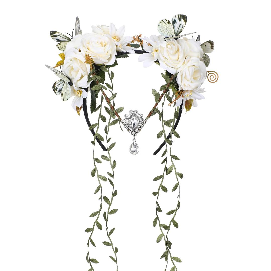 MOSTORY White Fairy Flower Crown - Elf Vine Headpiece Floral Headband with Butterfly Fairy Costume for Women Renaissance White Wedding Party Cosplay Renfaire Halloween
