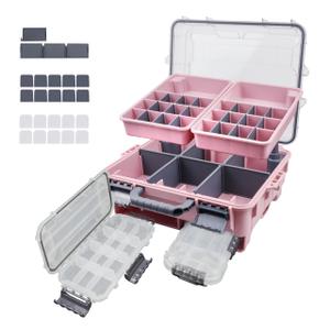 RUNCL Upgraded Large Capacity Waterproof Floating Tackle Box with Rod Holder, Airtight Organizer with Removable Trays for Lures Hooks Baits, Durable Fishing Gear Storage Gift for Anglers Pink