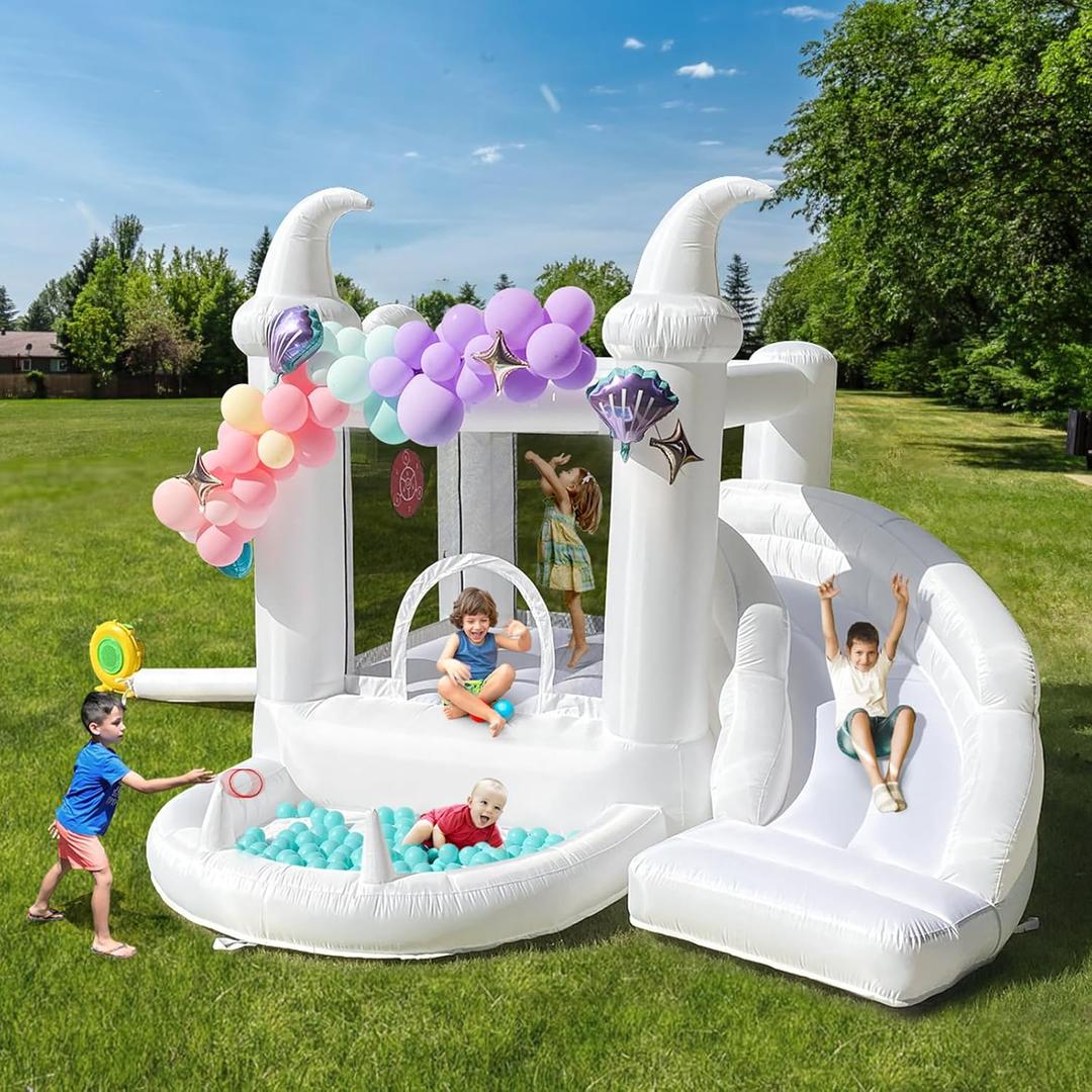 White Bounce House with Pool and Slide, UL Blower Included-Portable, Inflatable Bounce House, Basket-Hoop Inside, Kids Indoor and Outdoor Bounce House (Oxford material-10' L X 9.5' W X 7.2' H)