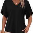 WIHOLL Womens Summer Tops Short Petal Sleeve Shirts Fashion V Neck Womens Clothing (Large, 01 Black)
