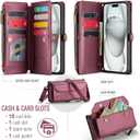 Strapurs for iPhone 15 Plus - Zipper Strap Wallet Case for Women, Wine Red | RFID Blocking 10-Card Holder, Shoulder Lanyard, Wirst Strap, Zipper Pocket, Magnetic Snap, PU Leather, Phone Cover for Women