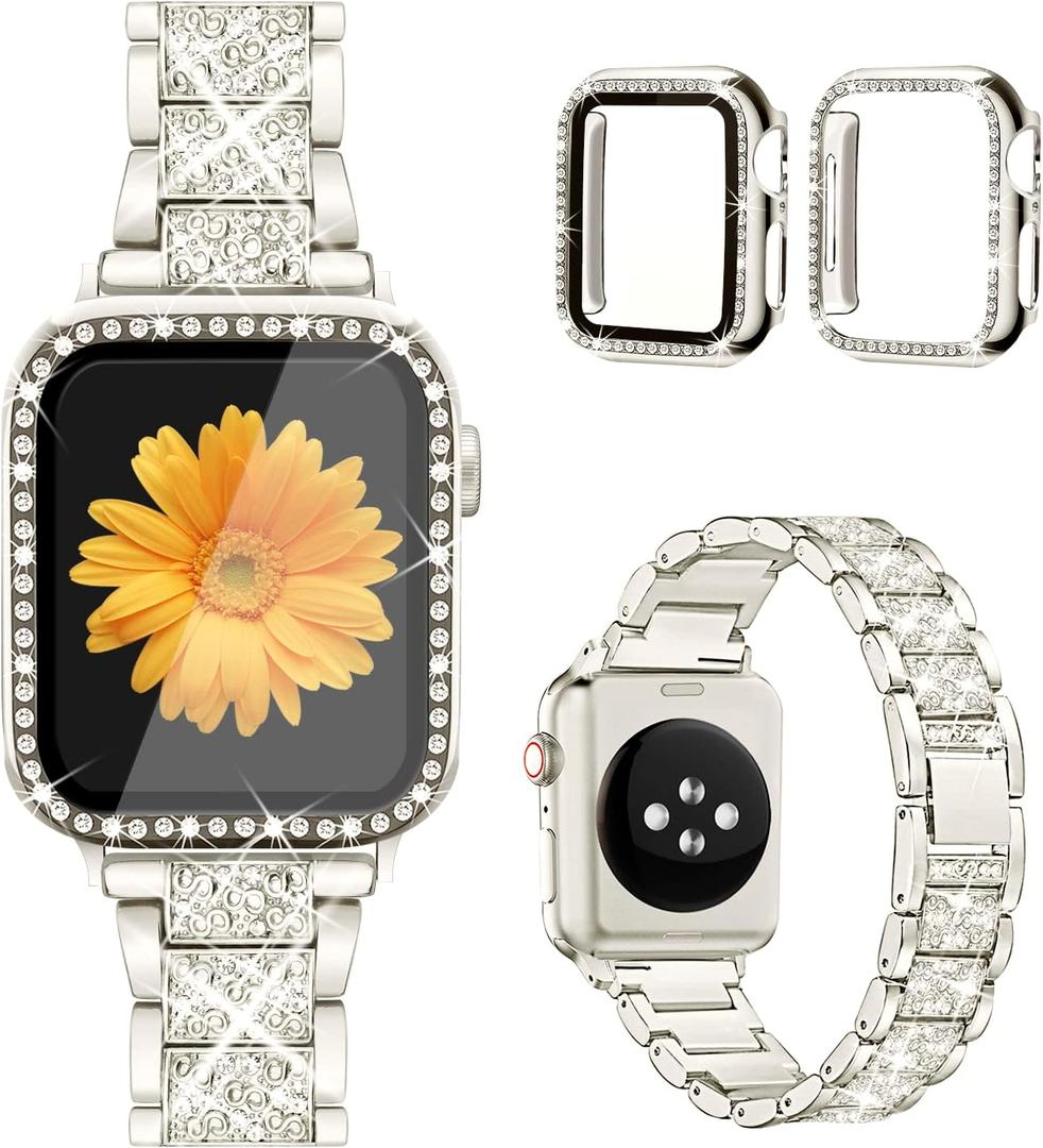 Mesime Compatible for Apple Watch Band with Screen Protector Case, Jewelry Replacement Bands 46mm 45mm 44mm 42mm 41mm 40 mm 38mm 2 Pack Protective Cover for iWatch Series 10/9/8/7/6/5/4/3/2/1/SE Women (40mm(Series 6/5/4/SE), Star Light)