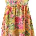 Women Floral Mini Dress Y2K Coquette Summer Smocked Chest Ruffle Spaghetti Strap Babydoll Short Dress Cottagecore Clothes (L)