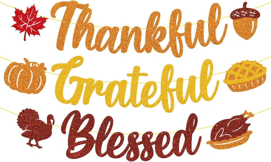 Thankful Grateful Blessed Banner Thanksgiving Harvest Party Decorations Autumn Maple Leaves Fall Theme for Men Women Friendsgiving Turkey Day Party Supplies