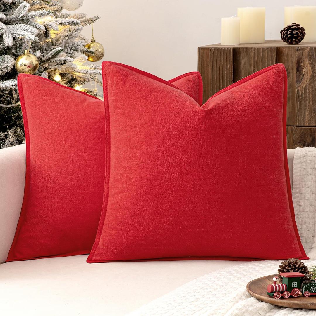 MIULEE Decorative Linen Pillow Covers 18x18 Inch Red Boho Farmhouse Neutral Couch Throw Pillows for Bed Pack of 2 Accent Modern Pillowcase Sofa Livingroom Home Decor