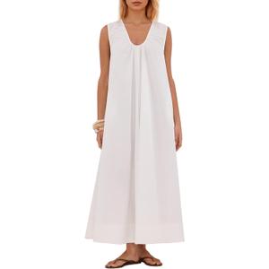 Women Flowy Maxi Dress Ruched Sleeveless Long Dress Vacation Fashion Summer Casual Loose Fit Sundress with Pockets (Medium, White)