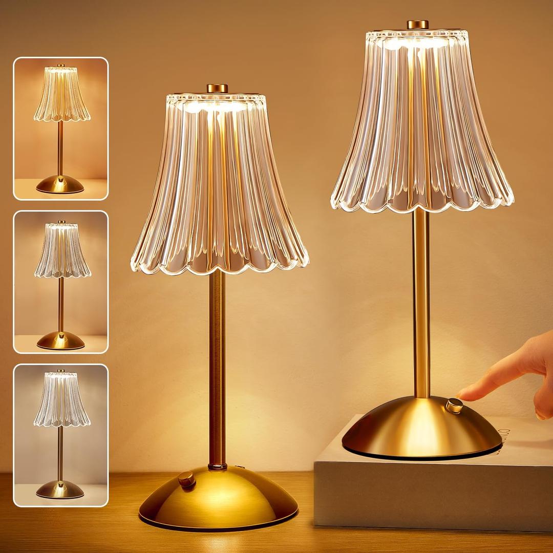 One Fire Gold Lamps Set of 2, 3 Colors Bedside Lamp Set of 2, Dimmable Bedroom Lamps Vintage Lamp,Rechargeable Nightstand Lamp, Table Lamp for Bedroom Living Room Bathroom Hotel Bar
