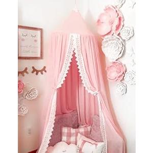 Princess Bed Canopy Mosquito Net for Kids Baby Crib, Round Dome Kids Indoor Outdoor Castle Play Tent Hanging House Decoration Reading Nook Cotton Canvas, Pink
