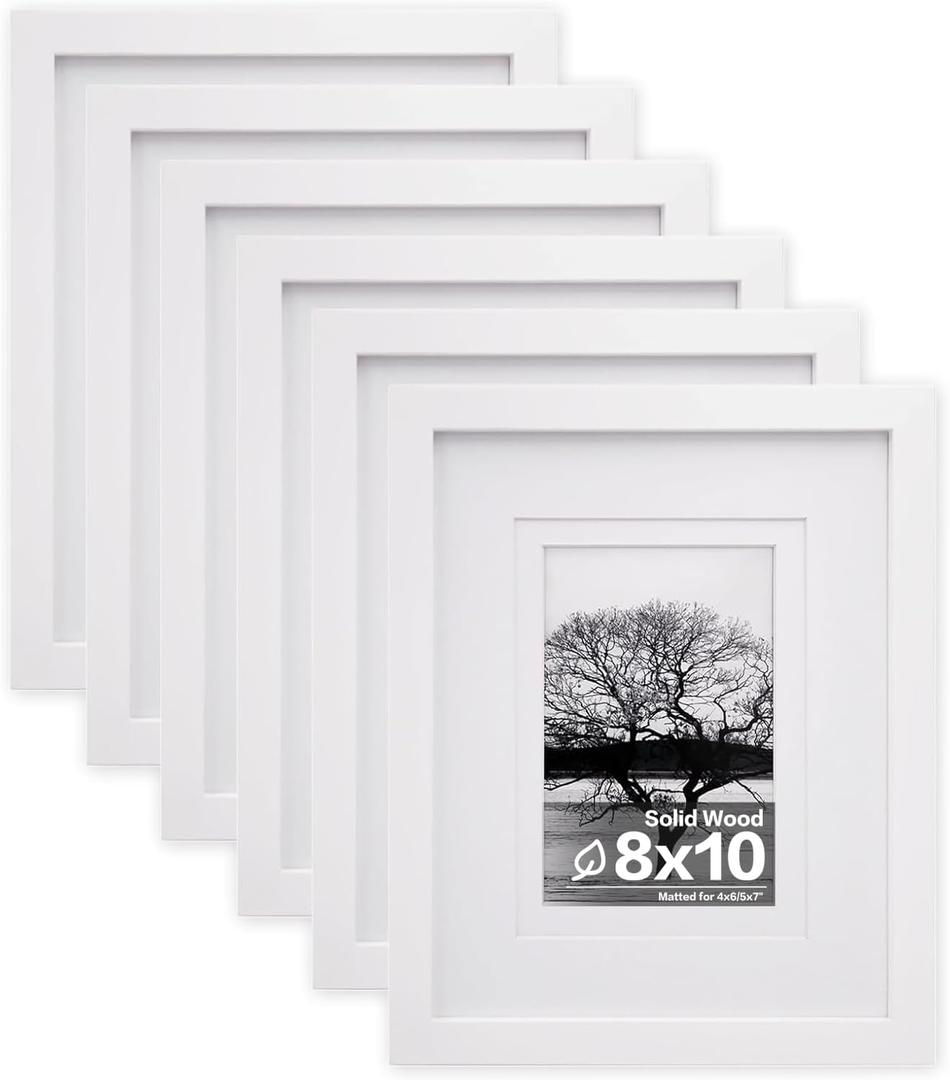 Egofine 8x10 Picture Frames Set of 6, Made of Solid Wood Covered by Plexiglass Display 4x6 and 5x7 with Mat or 8x10' without Mat, for Table Top Display and Wall Mounting Photo Frame White
