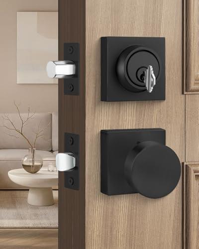 Goldenwarm Black Door Knobs with Deadbolt, Zinc Alloy Matte Black Exterior Door Knobs Lock Set with Deadbolt, Heavy Duty Door Locks for Front Door - Modern & Stylish(1 Pack)