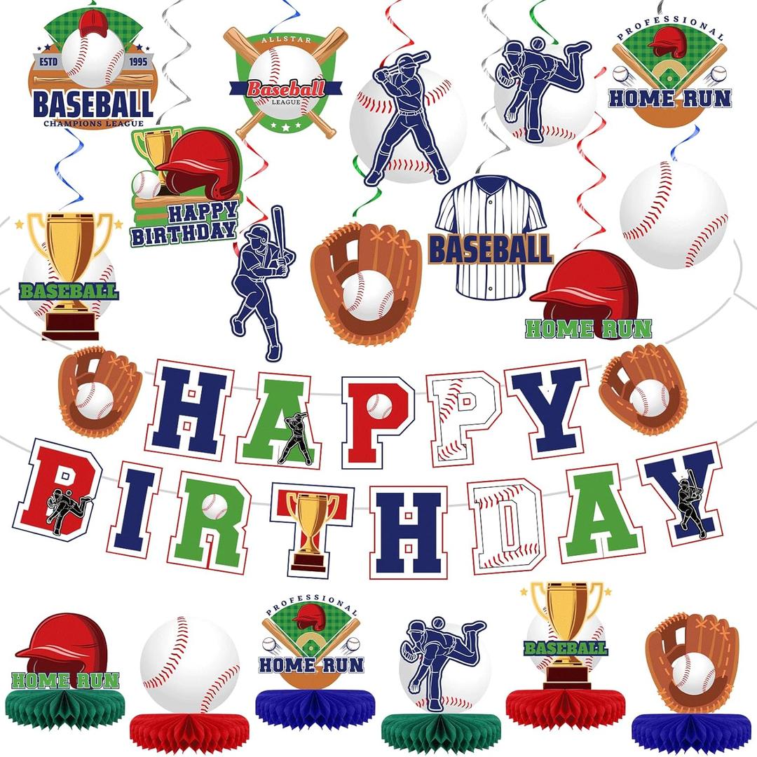 2 x 44 Pcs Baseball Party Decorations Happy Birthday Banner Sports Theme Hanging Swirls and Honeycomb Centerpieces Baseball Birthday and Gameday Celebration Decors for Kids Boys Baby Shower Party Supplies
