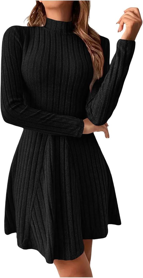 Mock Neck Sweater Dresses Women Long Sleeve Ribbed Knit Bodycon A Line Mini Dress Pullover Fall Lightweight Outfits (Medium)