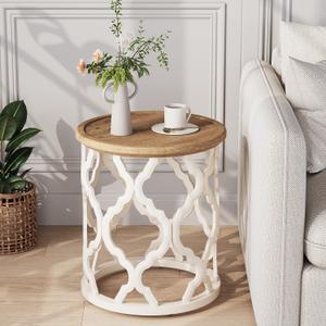 karlott Farmhouse End Table, 18.5'' French Country Round Side Table, Distressed Tray Top Side Table with Curved Motif Frame Base for Boho, End Tables Living Room, Bedroom, Small Space, Cream Beige, Round, 18.5-inch diameter x 20.8-inch height