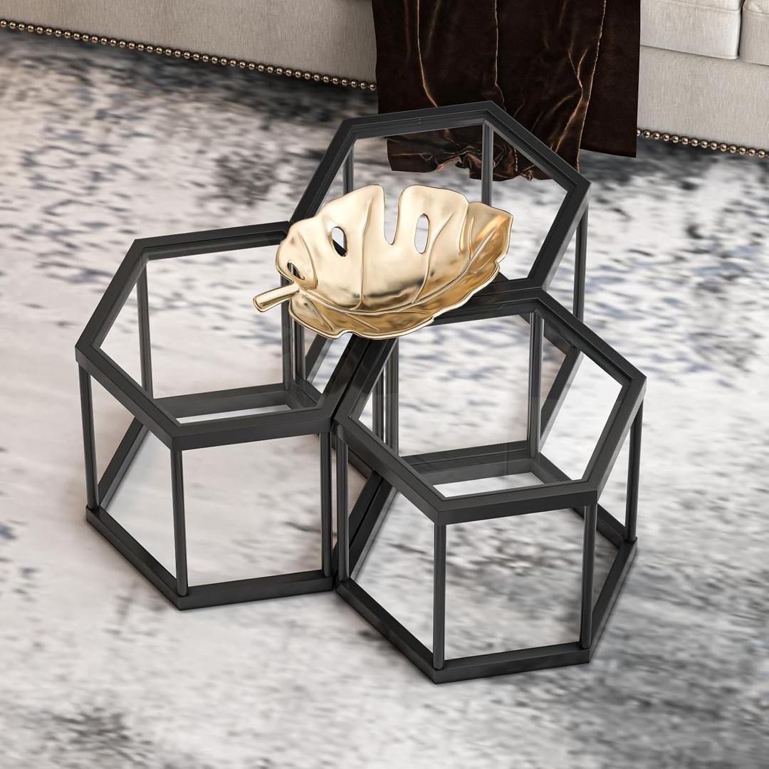 Coffee Table Glass Modern Coffee Table, Hexagon Free Combination Glass Center Table Small End Tables with Metal Frame for Living Room Set of 3 (Black)
