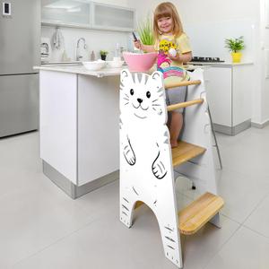 Shandra Kids Kitchen Step Stool for Toddlers, Toddler Tower Adjustable Stool with 3 Adjustable Heights, Suitable for Toddlers 18 Months to 6 Years - Montessori Toddler Stool (Cat)