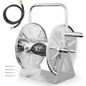 Stainless Steel Garden Hose Reel, Wall Mount or Floor Mounted with 3/4 Inch Brass Fittings Lead hose, 165 Ft Capacity with portable hose reels & Crank Handle