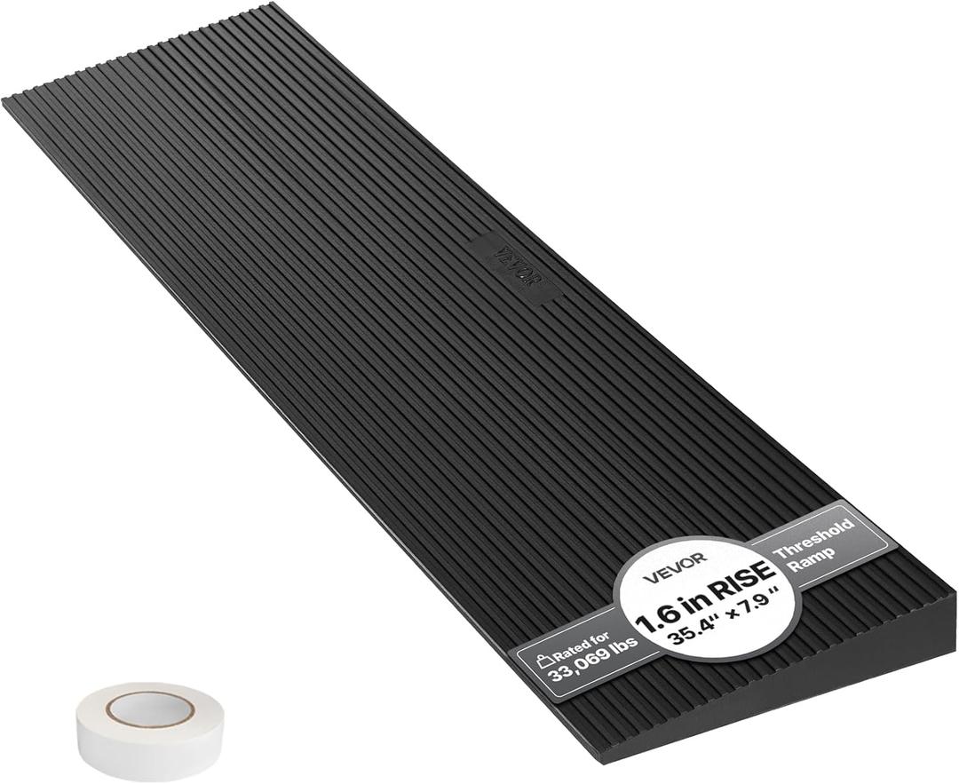 VEVOR 1.6" Rise Cuttable Threshold Ramp for Doorways, 35.4" Wide Natural Rubber Wheelchair Ramp, Non-Slip Solid Rubber Ramp with Double-Sided Tape for Doorways, Driveways, Bathroom, Smooth Tile