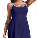 Aleumdr Retro One Piece Swimsuits for Women 2026 Tummy Control Swim Dresses Color Block High Waisted Skirt Bathing Suit with Pocket Navy Blue X-Large