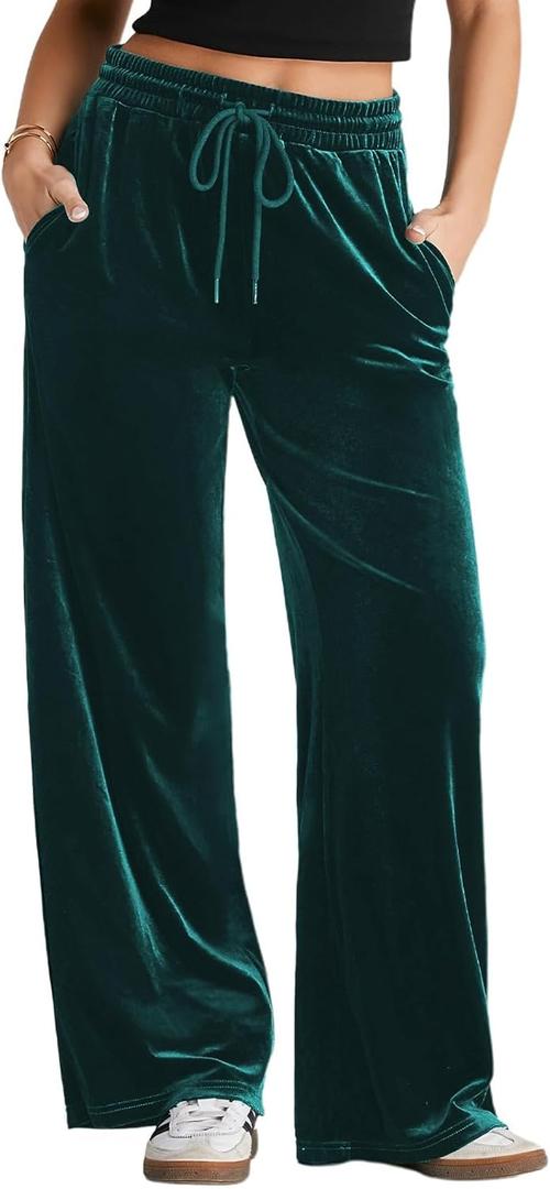 Herseas Women's Velvet Pants Drawstring Waist Wide Leg Casual Lounge Pant (X-Large, Emerald Green)