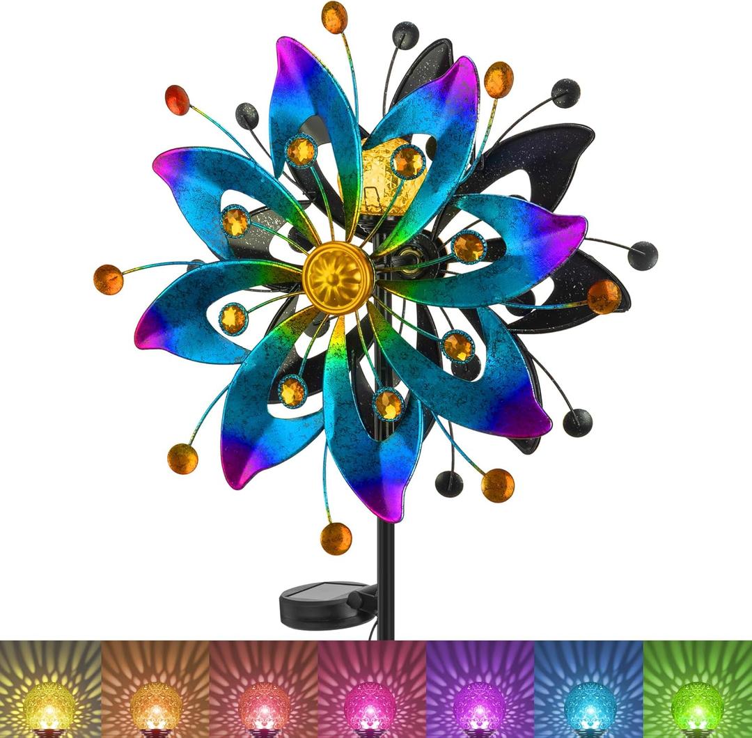 Solar Wind Spinner Outdoor with Color-Changing Lights, Garden Wind Spinners with Stake Metal Yard Decor, Large Outdoor Whirligigs Wind Spinners for Patio Pathway Lawn(Blue & Purple)