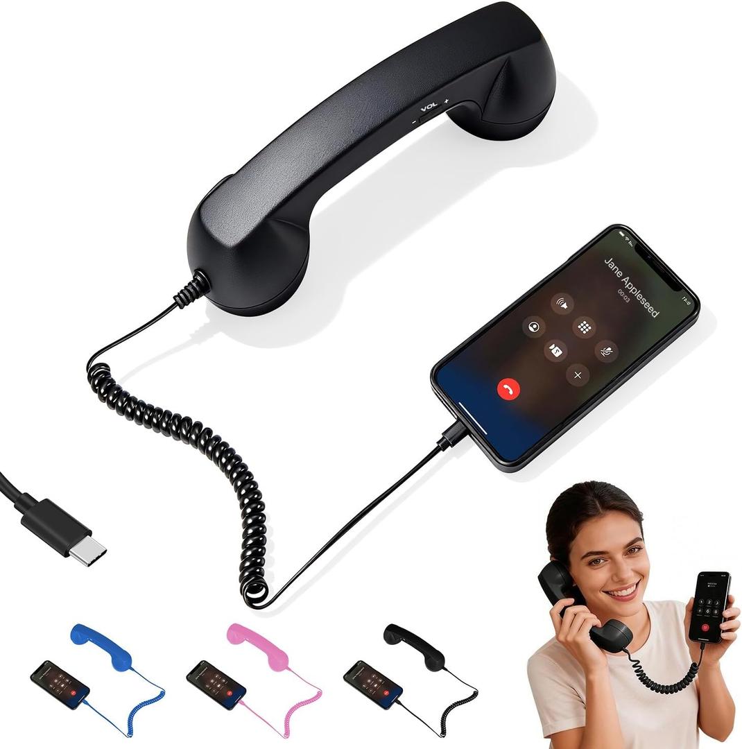 Retro Phone Handset, Retro Phone Handset for Phone, Type-C Retro Telephone Wired Handsets Style Landline Handle Receiver for Cell Mobile Video Conferences, Calls and Meetings (Black)