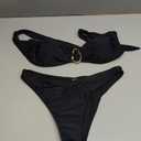SHENHE Women's 2 Piece Strapless Swimsuits High Cut Metal Ring Tube Top Bandeau Bikini Set (Black,Small)
