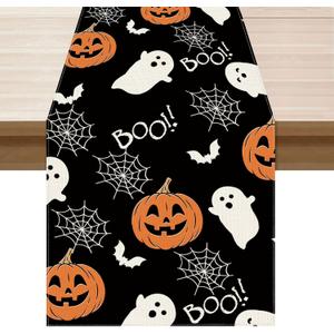 XCHI Boo Spooky Ghost Pumpkin Halloween Table Runner Burlap Table Decoration for Home Kitchen Dining Dinner Indoor Holiday Farmhouse Decor 13x90 Inch