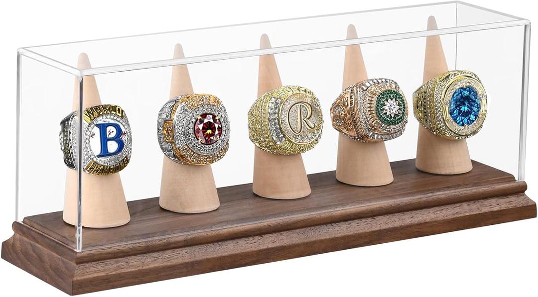 Championship Ring Display Case Baseball Softball Football Ring Holder for 5 Rings Wanult Wood Base Acrylic Sports Ring Display Case Stand for Men Wooden Ring Box for Women Memorabilia Showcase Cube